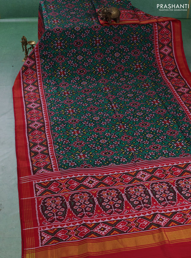 Rajkot patola silk saree green and maroon with allover ikat weaves and ikat woven zari border