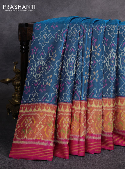Rajkot patola silk saree peacock blue and pink with allover ikat weaves and zari woven ikat border