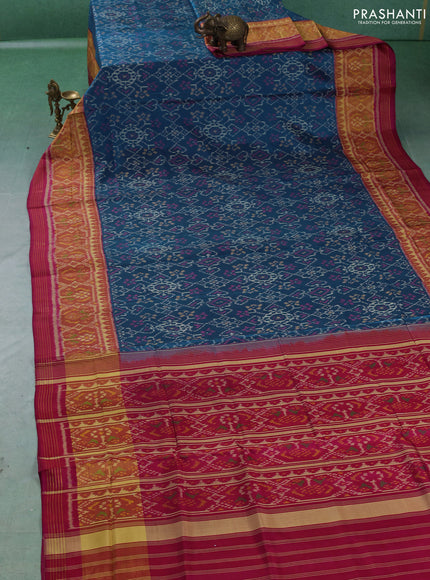 Rajkot patola silk saree peacock blue and pink with allover ikat weaves and zari woven ikat border