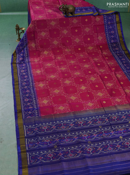Rajkot patola silk saree pink and blue with allover ikat weaves & zari buttas and ikat woven zari border