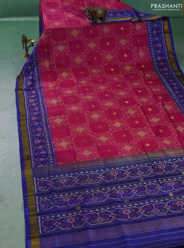 Rajkot patola silk saree pink and blue with allover ikat weaves & zari buttas and ikat woven zari border