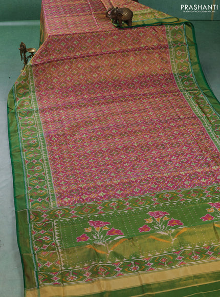 Rajkot patola tissue silk saree pink and green with allover ikat weaves and ikat woven border