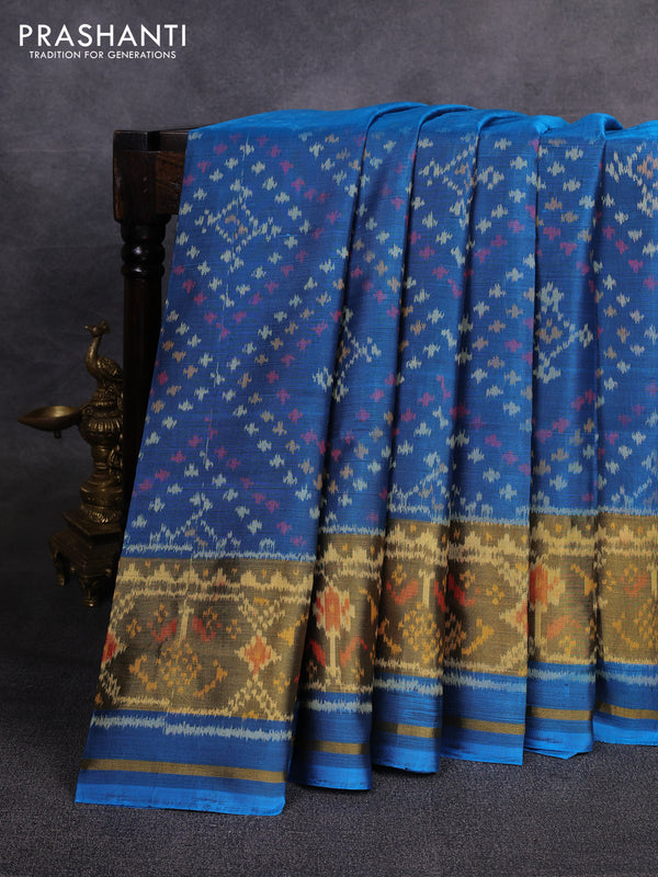 Rajkot patola silk saree peacock blue with allover ikat weaves and zari woven ikat border