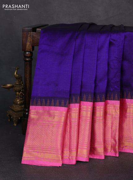 Kuppadam silk cotton saree violet and pink with plain body and temple design zari woven border