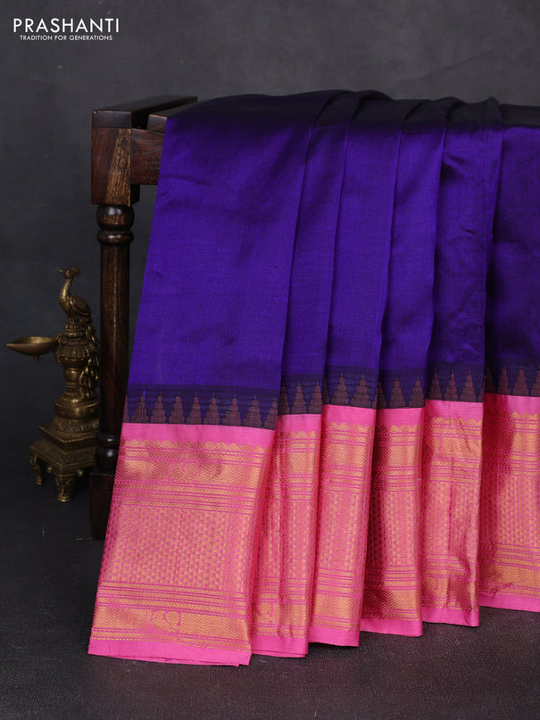 Kuppadam silk cotton saree violet and pink with plain body and temple design zari woven border