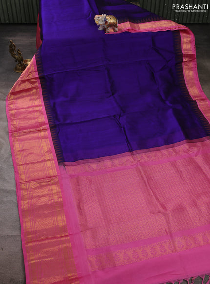 Kuppadam silk cotton saree violet and pink with plain body and temple design zari woven border