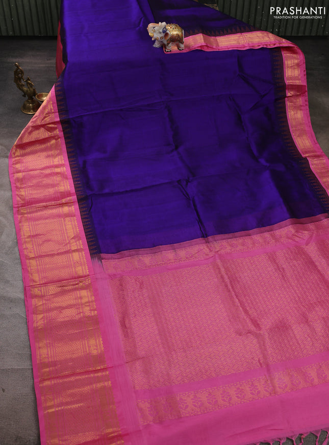 Kuppadam silk cotton saree violet and pink with plain body and temple design zari woven border