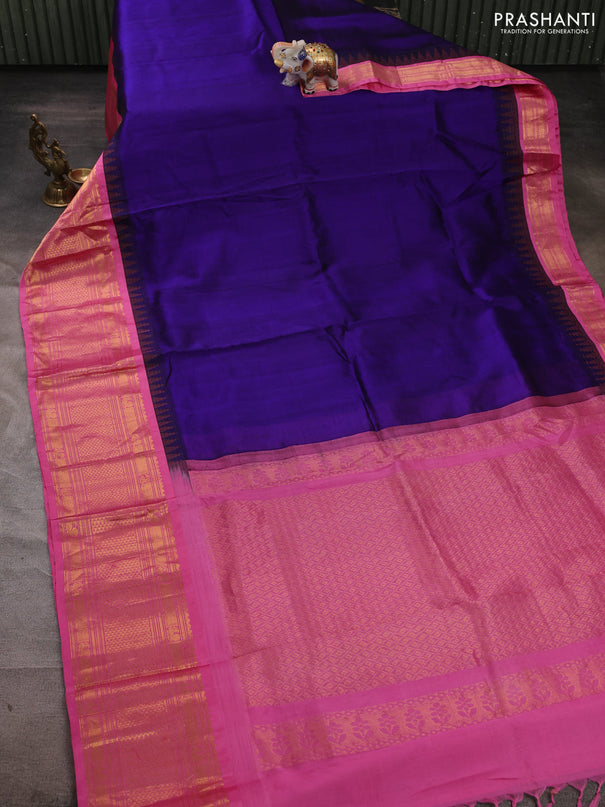 Kuppadam silk cotton saree violet and pink with plain body and temple design zari woven border