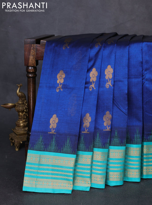 Kuppadam silk cotton saree blue and teal green with zari woven buttas and temple design zari woven border