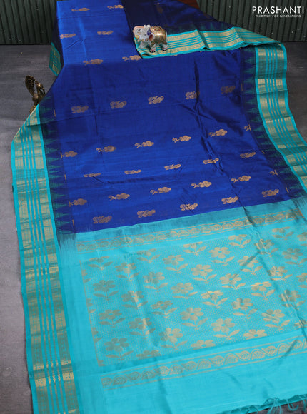 Kuppadam silk cotton saree blue and teal green with zari woven buttas and temple design zari woven border