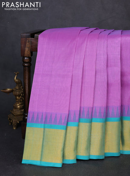 Kuppadam silk cotton saree lavender and teal green with plain body and temple design zari woven border