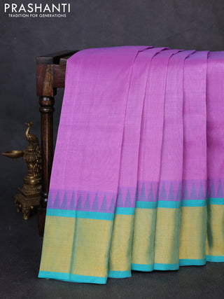 Kuppadam silk cotton saree lavender and teal green with plain body and temple design zari woven border