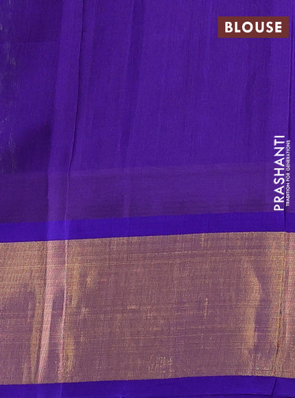 Kuppadam silk cotton saree parrot green and violet with plain body and temple design zari woven border