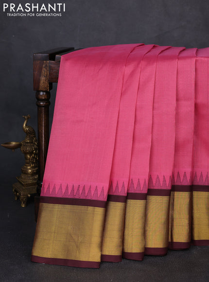 Kuppadam silk cotton saree pink shade and wine shade with plain body and temple design zari woven border