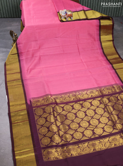 Kuppadam silk cotton saree pink shade and wine shade with plain body and temple design zari woven border