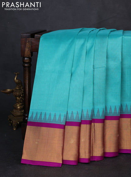 Kuppadam silk cotton saree teal blue and purple with plain body and temple design zari woven border