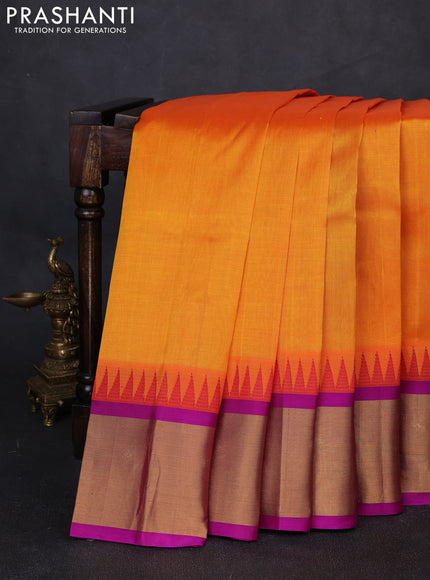 Kuppadam silk cotton saree orange and purple with plain body and temple design zari woven border