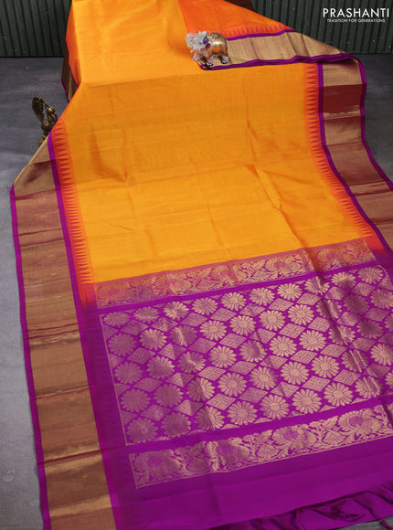 Kuppadam silk cotton saree orange and purple with plain body and temple design zari woven border