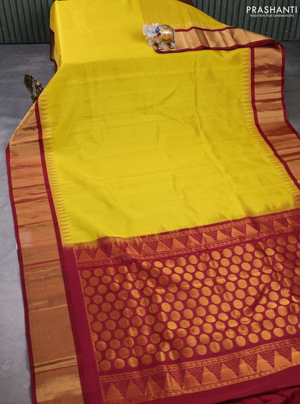 Kuppadam silk cotton saree lime yellow and maroon with plain body and temple design zari woven border