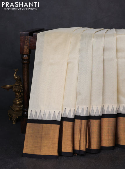 Kuppadam silk cotton saree cream and black with plain body and temple design zari woven border