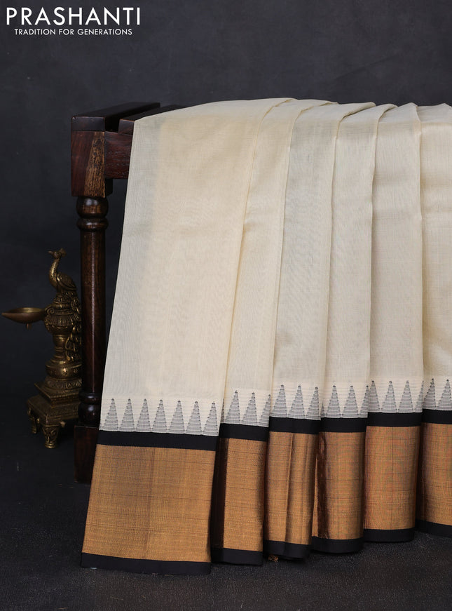 Kuppadam silk cotton saree cream and black with plain body and temple design zari woven border