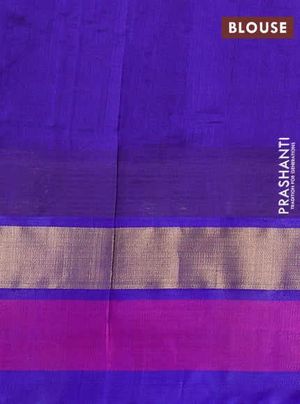 Kuppadam silk cotton saree teal blue and violet shade with plain body and temple design zari woven simple border