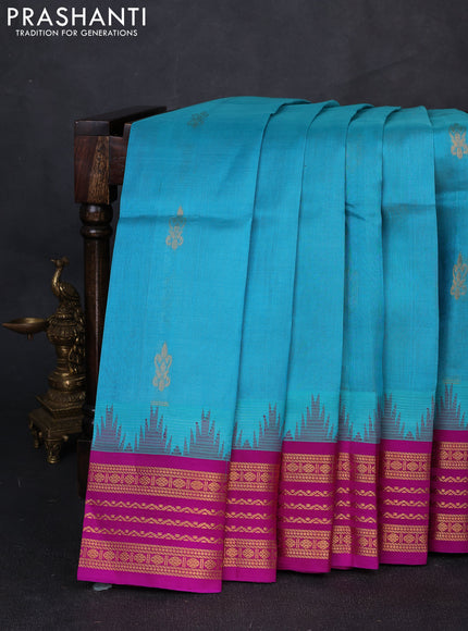Kuppadam silk cotton saree teal blue and purple with zari woven buttas and temple design zari woven border