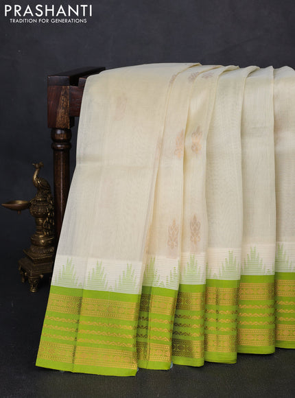 Kuppadam silk cotton saree cream and light green with zari woven buttas and temple design zari woven border
