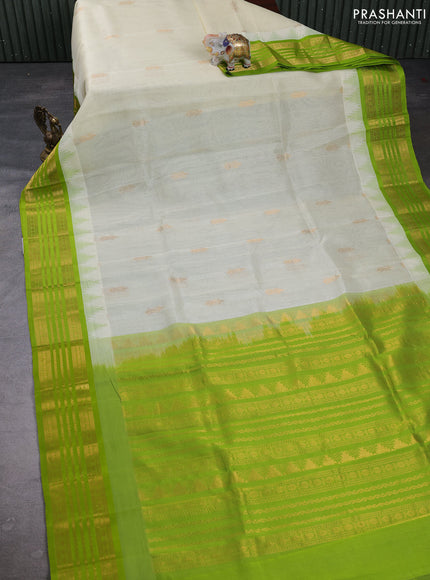 Kuppadam silk cotton saree cream and light green with zari woven buttas and temple design zari woven border