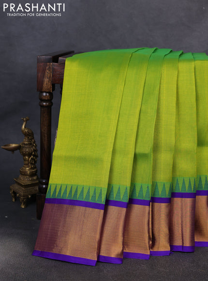 Kuppadam silk cotton saree light green and blue with plain body and temple design zari woven border