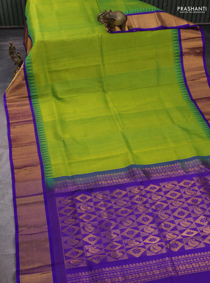 Kuppadam silk cotton saree light green and blue with plain body and temple design zari woven border