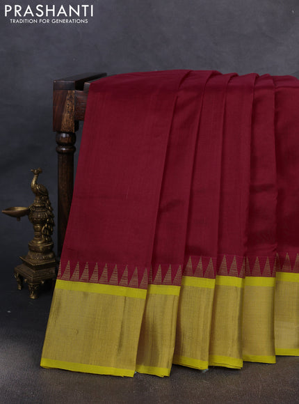 Kuppadam silk cotton saree red and yellow with plain body and temple design zari woven border