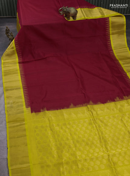 Kuppadam silk cotton saree red and yellow with plain body and temple design zari woven border