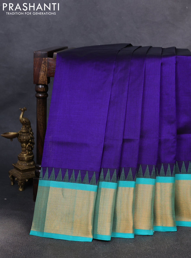 Kuppadam silk cotton saree blue and teal green with plain body and temple design zari woven border
