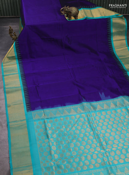 Kuppadam silk cotton saree blue and teal green with plain body and temple design zari woven border