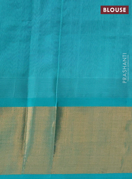 Kuppadam silk cotton saree blue and teal green with plain body and temple design zari woven border