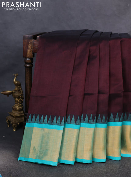 Kuppadam silk cotton saree coffee brown and teal green with plain body and temple design zari woven border