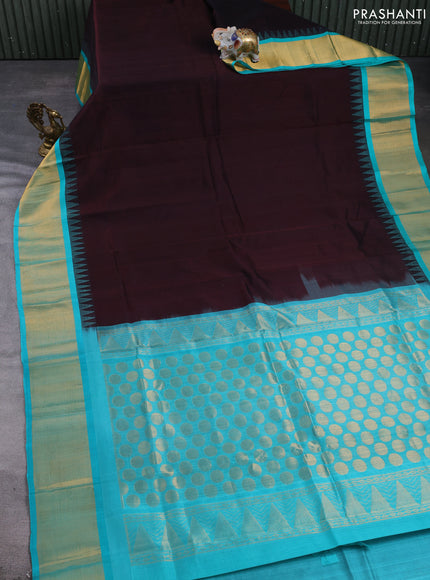 Kuppadam silk cotton saree coffee brown and teal green with plain body and temple design zari woven border