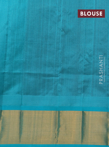 Kuppadam silk cotton saree coffee brown and teal green with plain body and temple design zari woven border