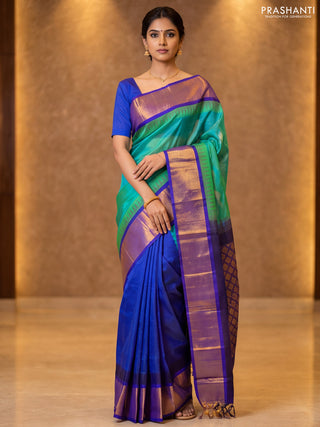 Kuppadam silk cotton partly saree dual shade of teal bluish green and blue with plain body and temple design zari woven border