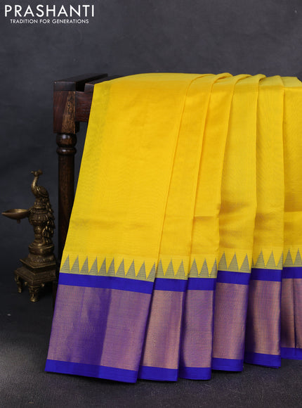 Kuppadam silk cotton saree yellow and blue with plain body and temple design zari woven border