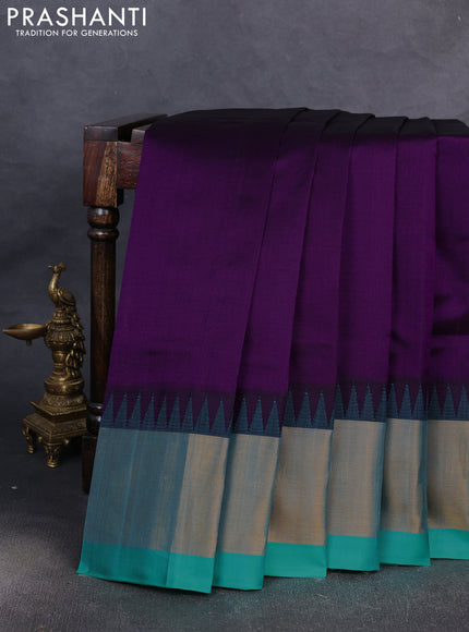 Kuppadam silk cotton saree purple and teal blue with plain body and temple design zari woven border