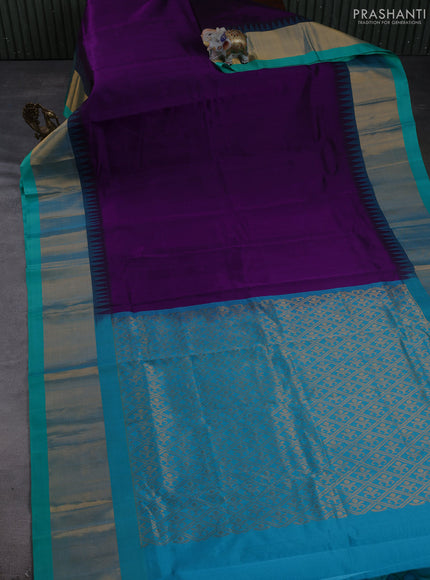 Kuppadam silk cotton saree purple and teal blue with plain body and temple design zari woven border