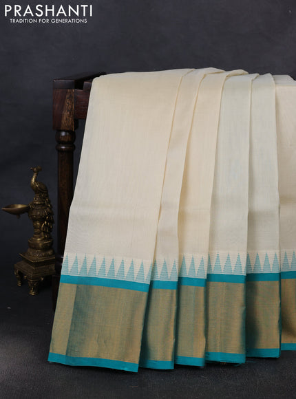 Kuppadam silk cotton saree cream and teal blue with plain body and temple design zari woven border