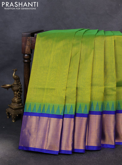 Kuppadam silk cotton saree light green and blue with plain body and temple design zari woven border