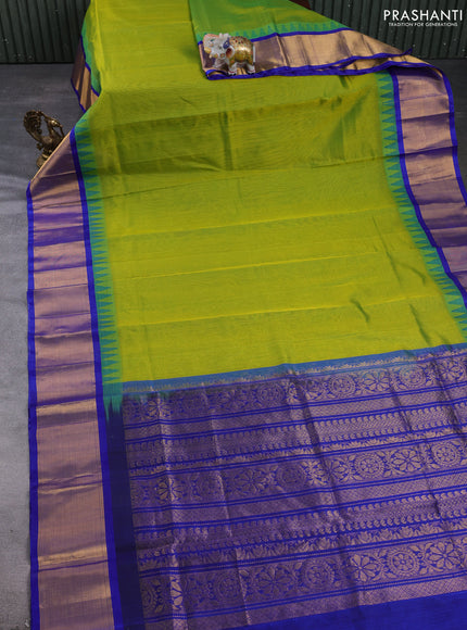 Kuppadam silk cotton saree light green and blue with plain body and temple design zari woven border