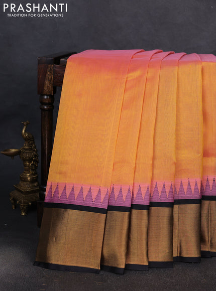Kuppadam silk cotton saree dual shade of yellowish pink and black with plain body and temple design zari woven border