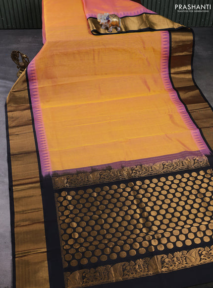 Kuppadam silk cotton saree dual shade of yellowish pink and black with plain body and temple design zari woven border