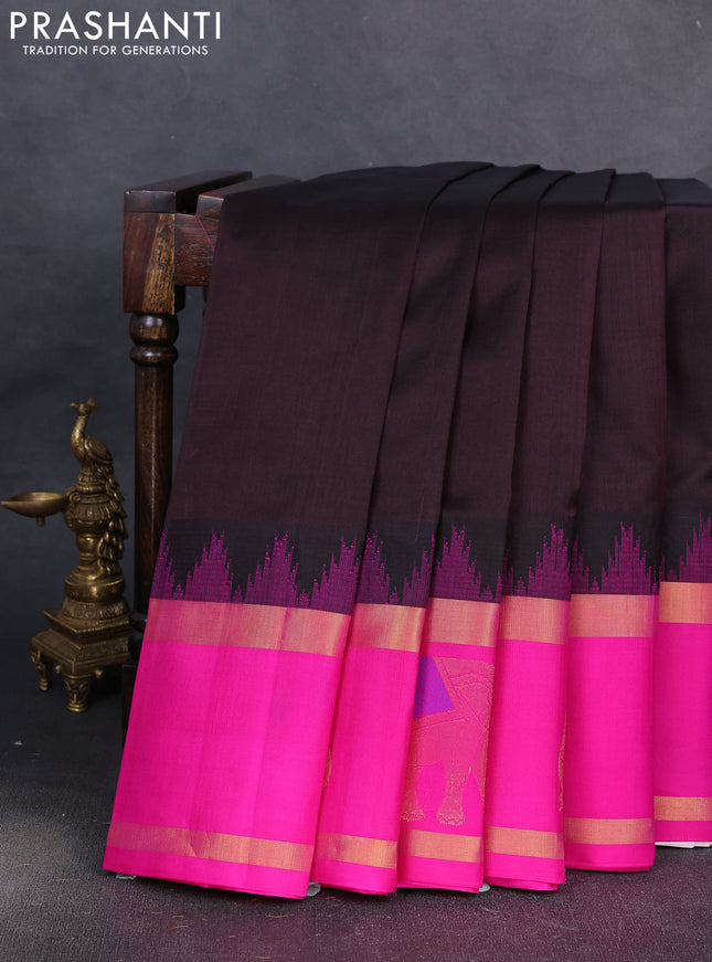 Kuppadam silk cotton saree coffee brown and pink with plain body and temple design rettapet zari woven elephant butta border