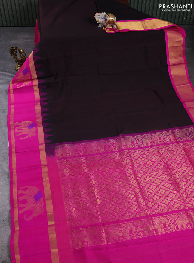 Kuppadam silk cotton saree coffee brown and pink with plain body and temple design rettapet zari woven elephant butta border